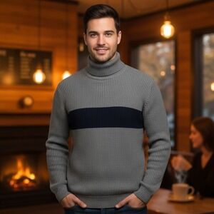 Nautica Jeans Co Turtle Neck Sweater Men's 2XL Long Slv Blue Gray Travel Outdoor